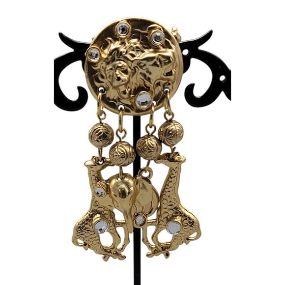 Safari Animal Brooch Rhinestone Accents Lion Top Dangling Giraffe & Elephant - Picture 1 of 7